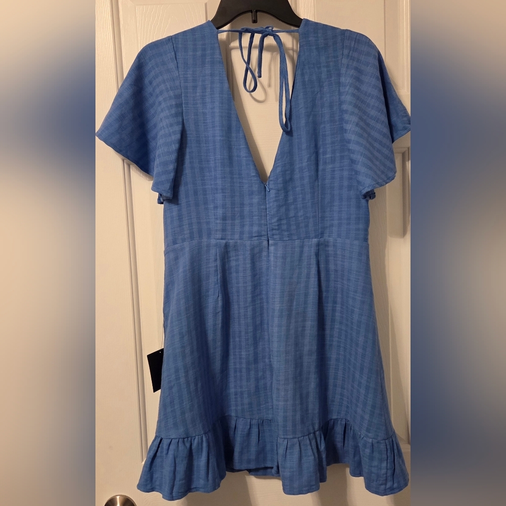 NWT Lulus Blue Bow Front Mini Dress Women's Large Flutter Sleeve Ruffle Hem - Picture 5 of 5